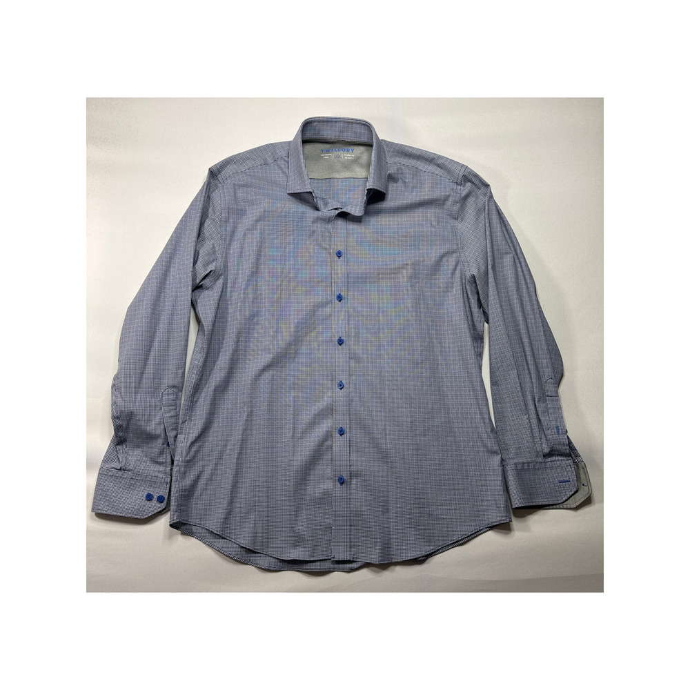 Twillory Men's Long Sleeve Blue Houndstooth Button Up Dress Shirt 17, 34-35 (XL)